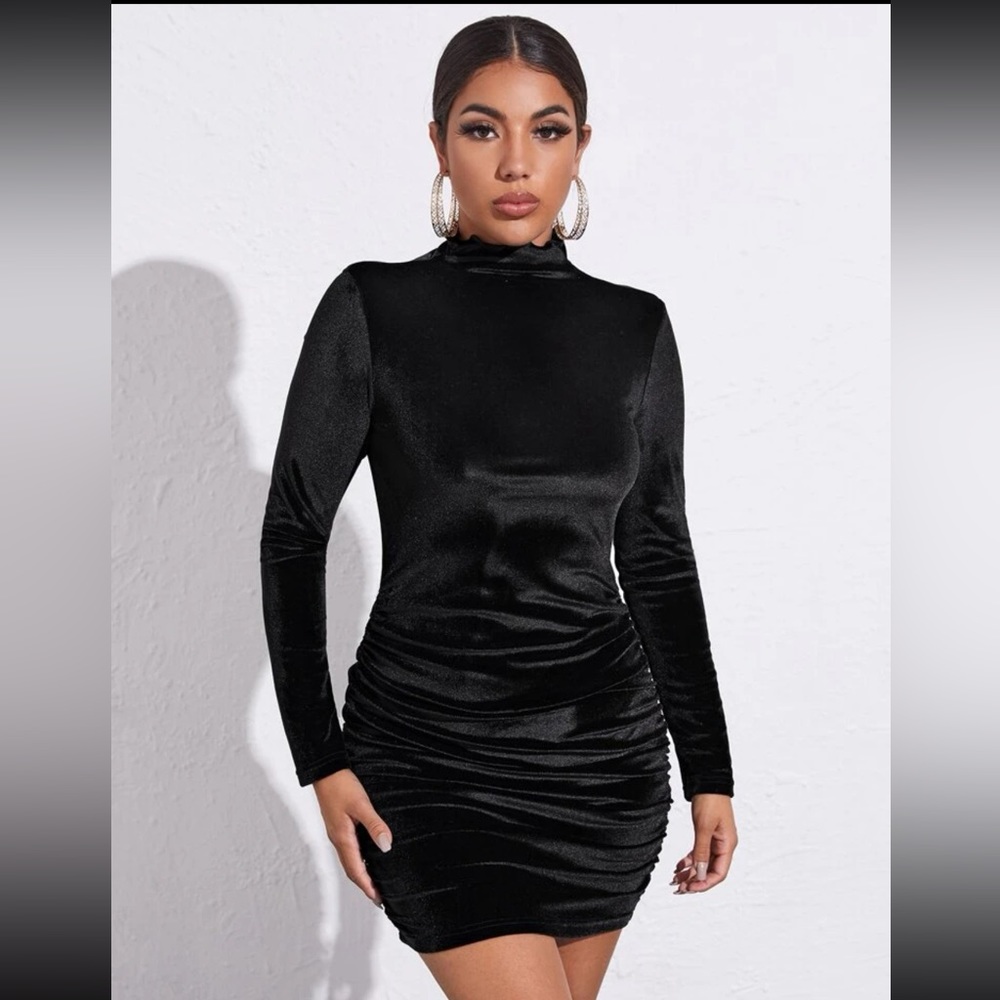 New SHEIN lettuce trim mock neck velvet ruched dress